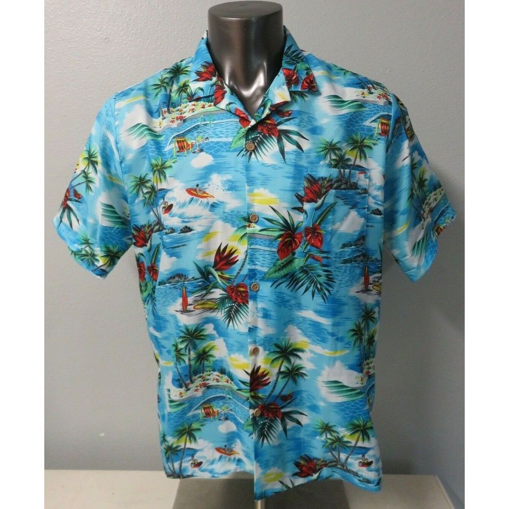 ISLANDER Short Sleeve Button Front L Shirt Poly Rayon Island Hawaiian
